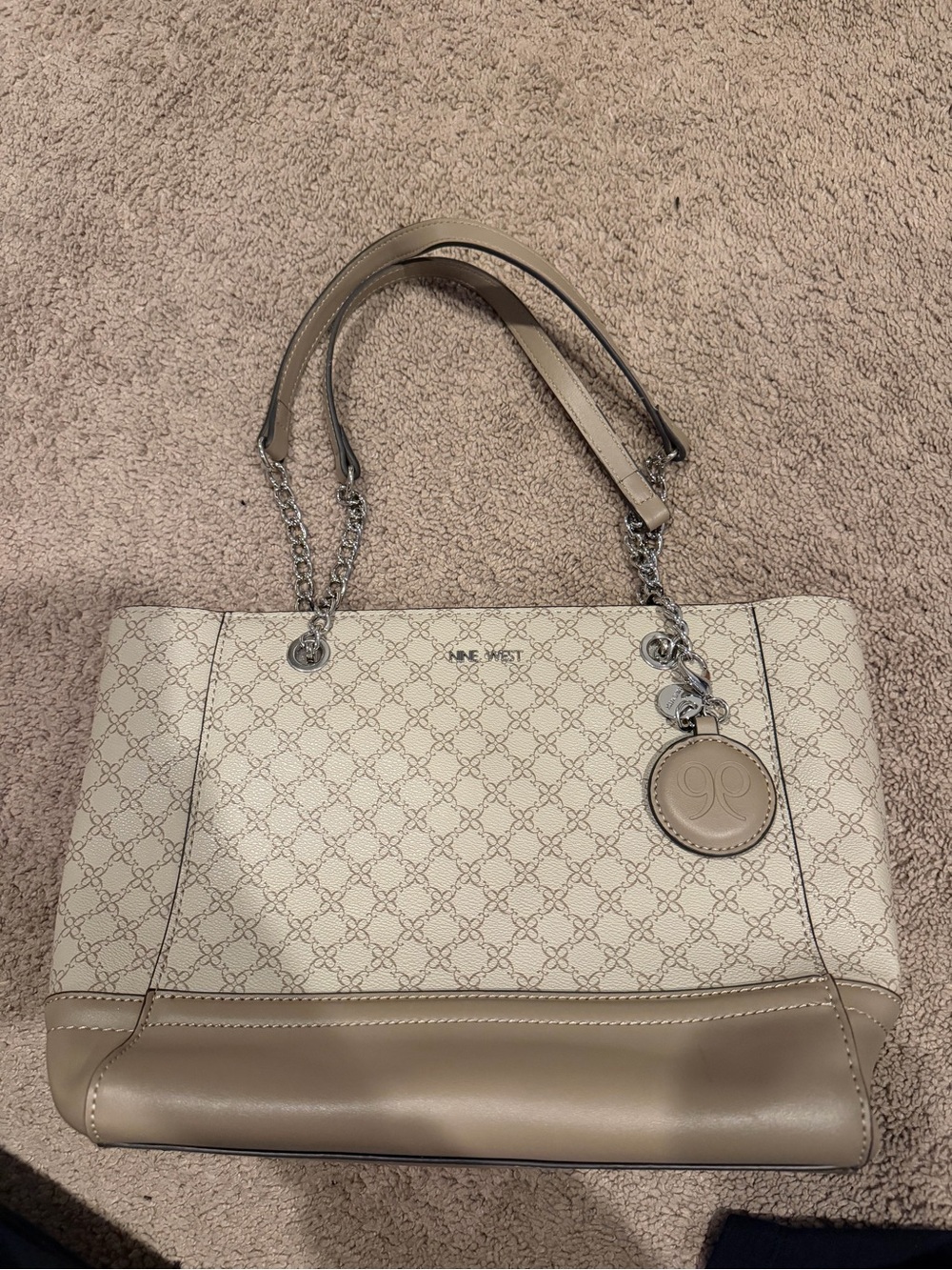 Nine West Cream Tote with Tan Trim and Chain Straps